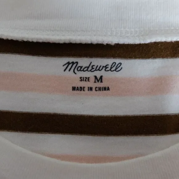 Madewell Women's Pink White Brown Striped Short Sleeve Cotton Tee Size Medium - Picture 4 of 6